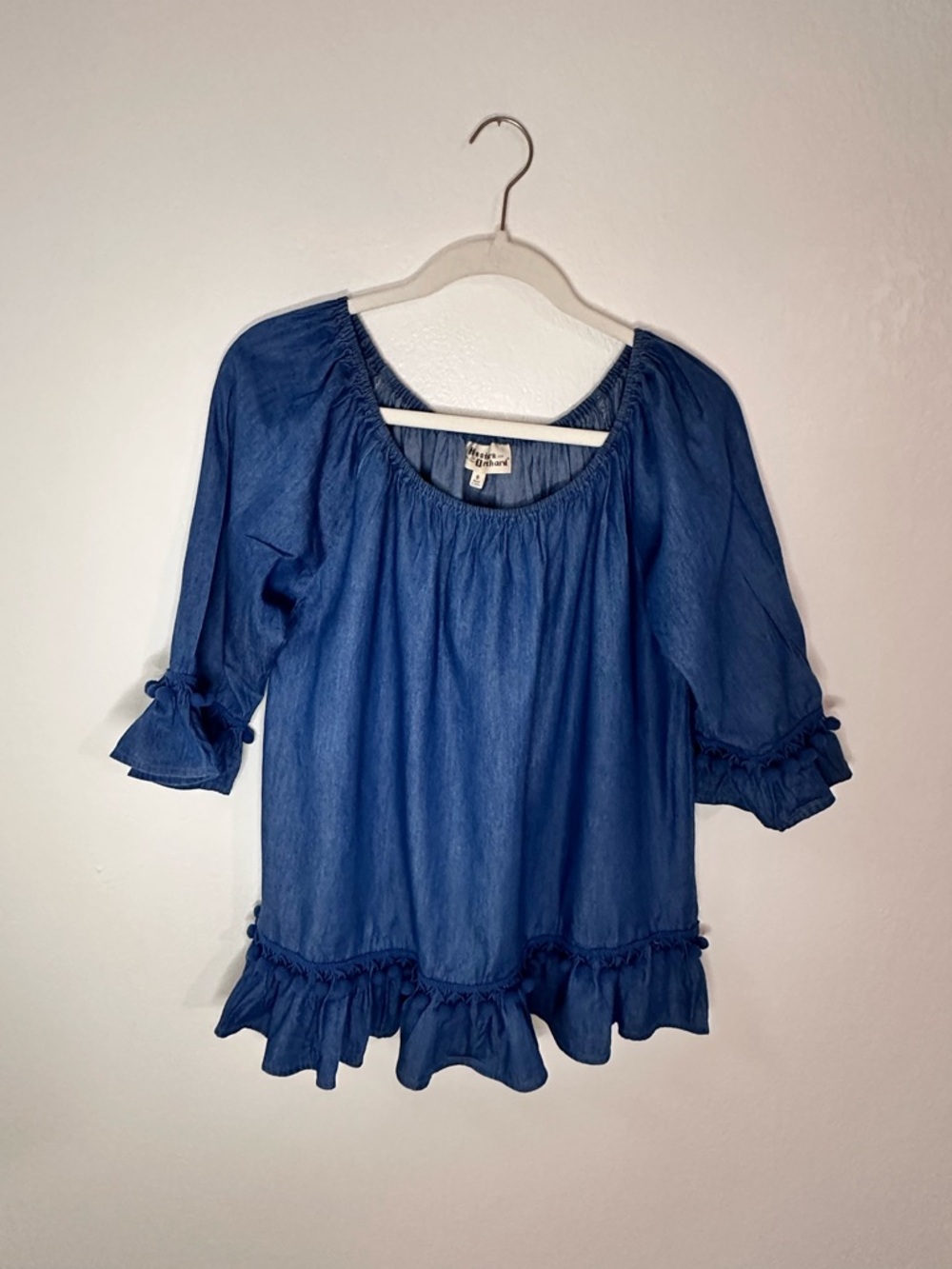 PRICE DROP Hester & Orchard Anthropologie Blue Pom Pom Tassel Ruffle Blouse XS